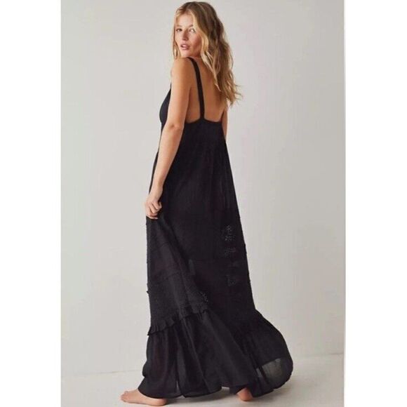 NEW FREE PEOPLE ISABELLA MAXI SLIP TIERED VICTORIAN EMBROIDERED DRESS BLACK - Picture 3 of 5
